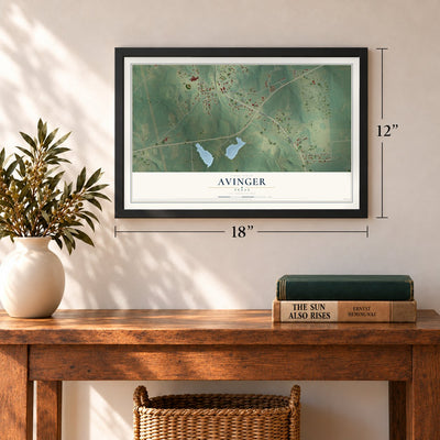 Avinger, Texas map, 12 x 18 inch print in a black frame in an entryway