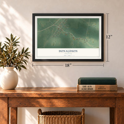 Donaldson, Arkansas map, 12 x 18 inch print in a black frame in an entryway