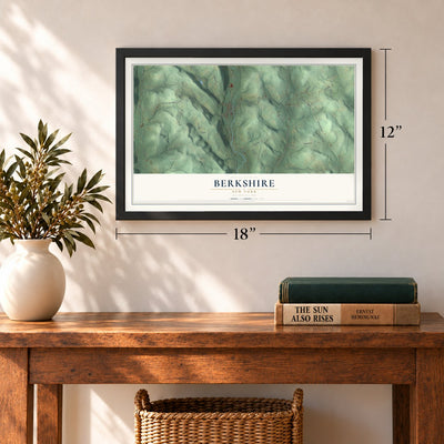 Berkshire, New York map, 12 x 18 inch print in a black frame in an entryway