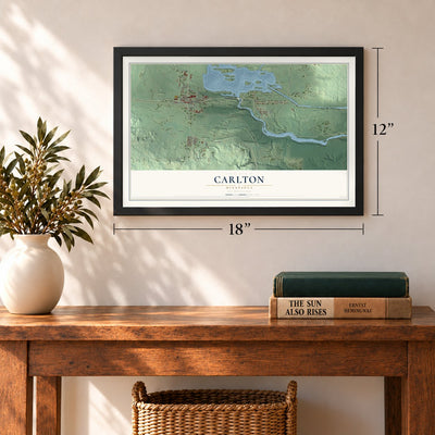 Carlton, Minnesota map, 12 x 18 inch print in a black frame in an entryway