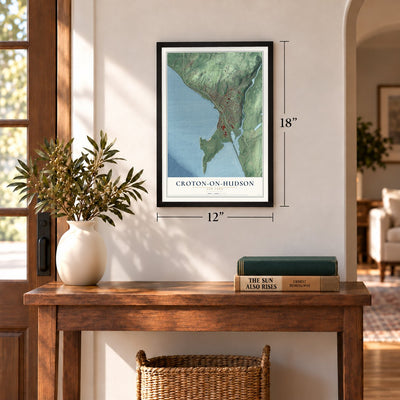 Croton-on-Hudson, New York map, 12 x 18 inch print in a black frame in an entryway