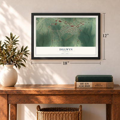 Dillwyn, Virginia map, 12 x 18 inch print in a black frame in an entryway