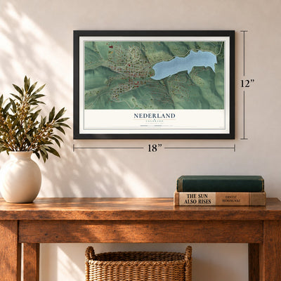 Nederland, Colorado map, 12 x 18 inch print in a black frame in an entryway