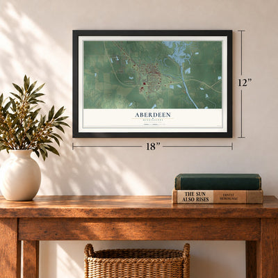 Aberdeen, Mississippi map, 12 x 18 inch print in a black frame in an entryway