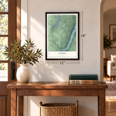 Castile, New York map, 12 x 18 inch print in a black frame in an entryway
