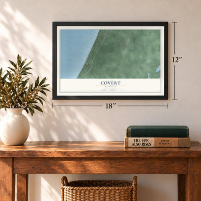 Covert, Michigan map, 12 x 18 inch print in a black frame in an entryway