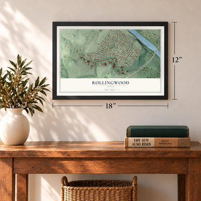 Rollingwood, Texas map, 12 x 18 inch print in a black frame in an entryway