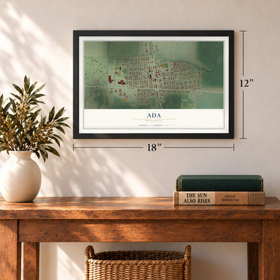 Ada, Minnesota map, 12 x 18 inch print in a black frame in an entryway