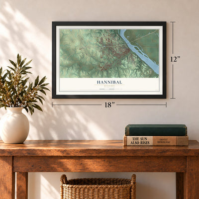 Hannibal, Missouri map, 12 x 18 inch print in a black frame in an entryway