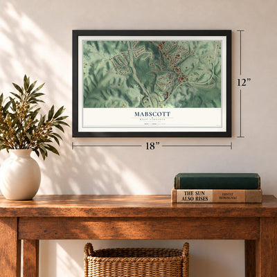 Mabscott, West Virginia map, 12 x 18 inch print in a black frame in an entryway
