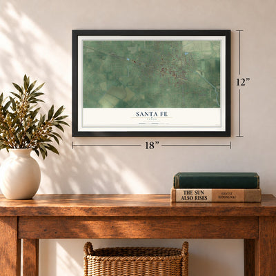 Santa Fe, Texas map, 12 x 18 inch print in a black frame in an entryway