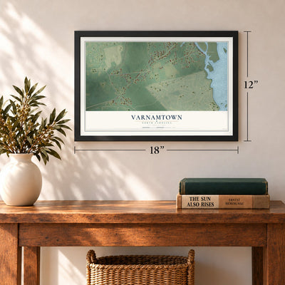 Varnamtown, North Carolina map, 12 x 18 inch print in a black frame in an entryway