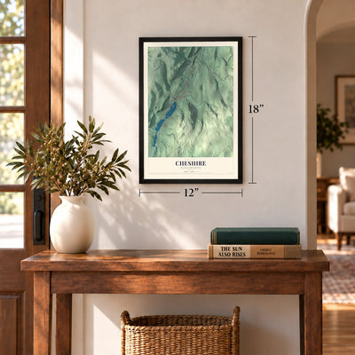Cheshire, Massachusetts map, 12 x 18 inch print in a black frame in an entryway
