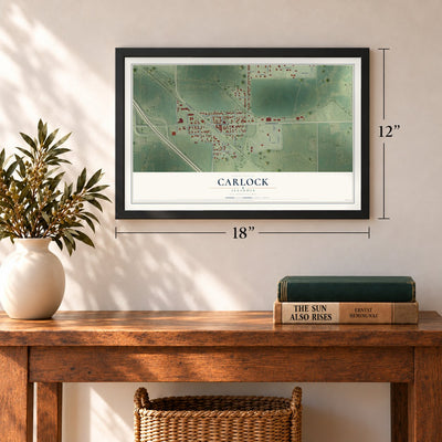 Carlock, Illinois map, 12 x 18 inch print in a black frame in an entryway