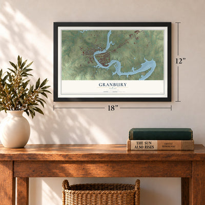 Granbury, Texas map, 12 x 18 inch print in a black frame in an entryway