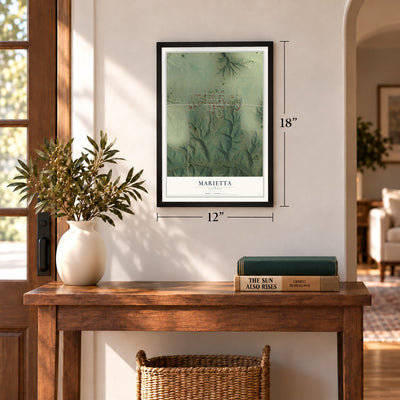 Marietta, Illinois map, 12 x 18 inch print in a black frame in an entryway