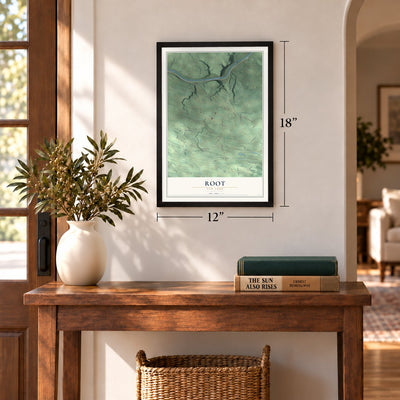 Root, New York map, 12 x 18 inch print in a black frame in an entryway