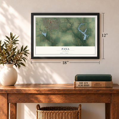 Pana, Illinois map, 12 x 18 inch print in a black frame in an entryway