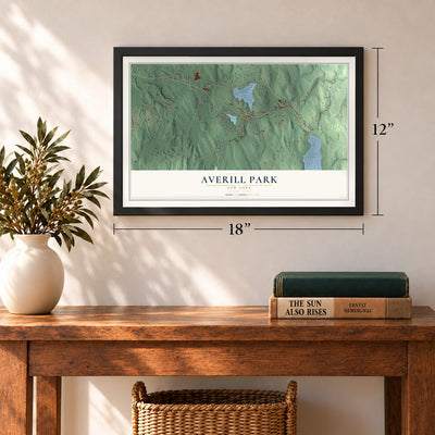 Averill Park, New York map, 12 x 18 inch print in a black frame in an entryway