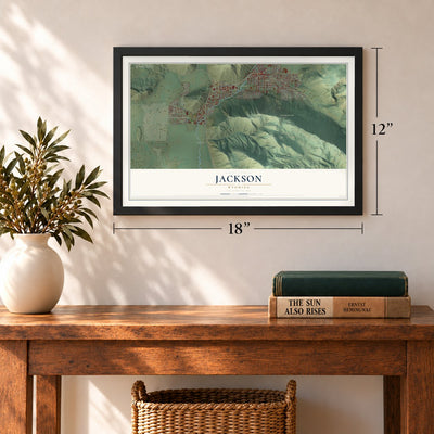 Jackson, Wyoming map, 12 x 18 inch print in a black frame in an entryway