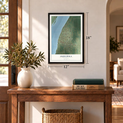 Oquawka, Illinois map, 12 x 18 inch print in a black frame in an entryway