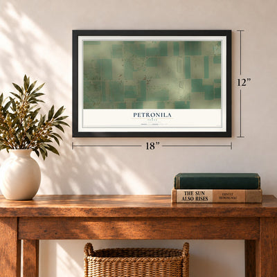 Petronila, Texas map, 12 x 18 inch print in a black frame in an entryway