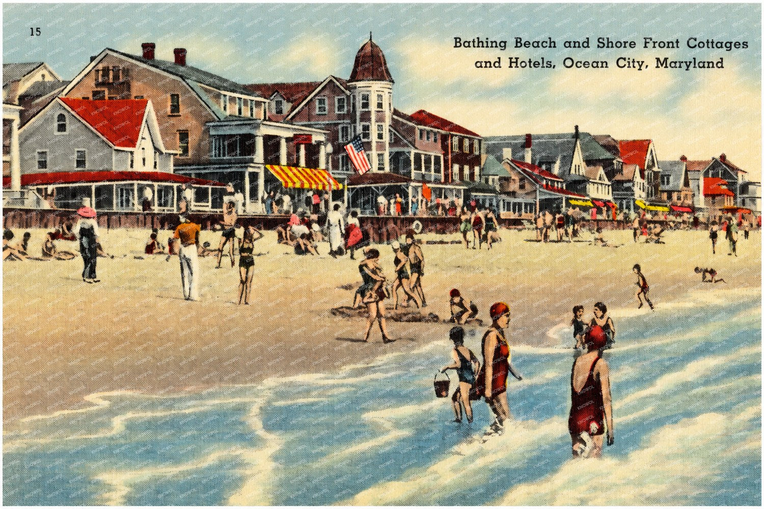 Bathing Beach and shore front cottages and hotels, Ocean City, Maryland — Vintage Maryland Postcard
