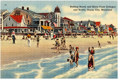Bathing Beach and shore front cottages and hotels, Ocean City, Maryland — Vintage Maryland Postcard