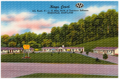 King's Court, U. S. Route #1 -- 15 miles north of Downtown Baltimore, Kingsville, Maryland — Vintage Maryland Postcard