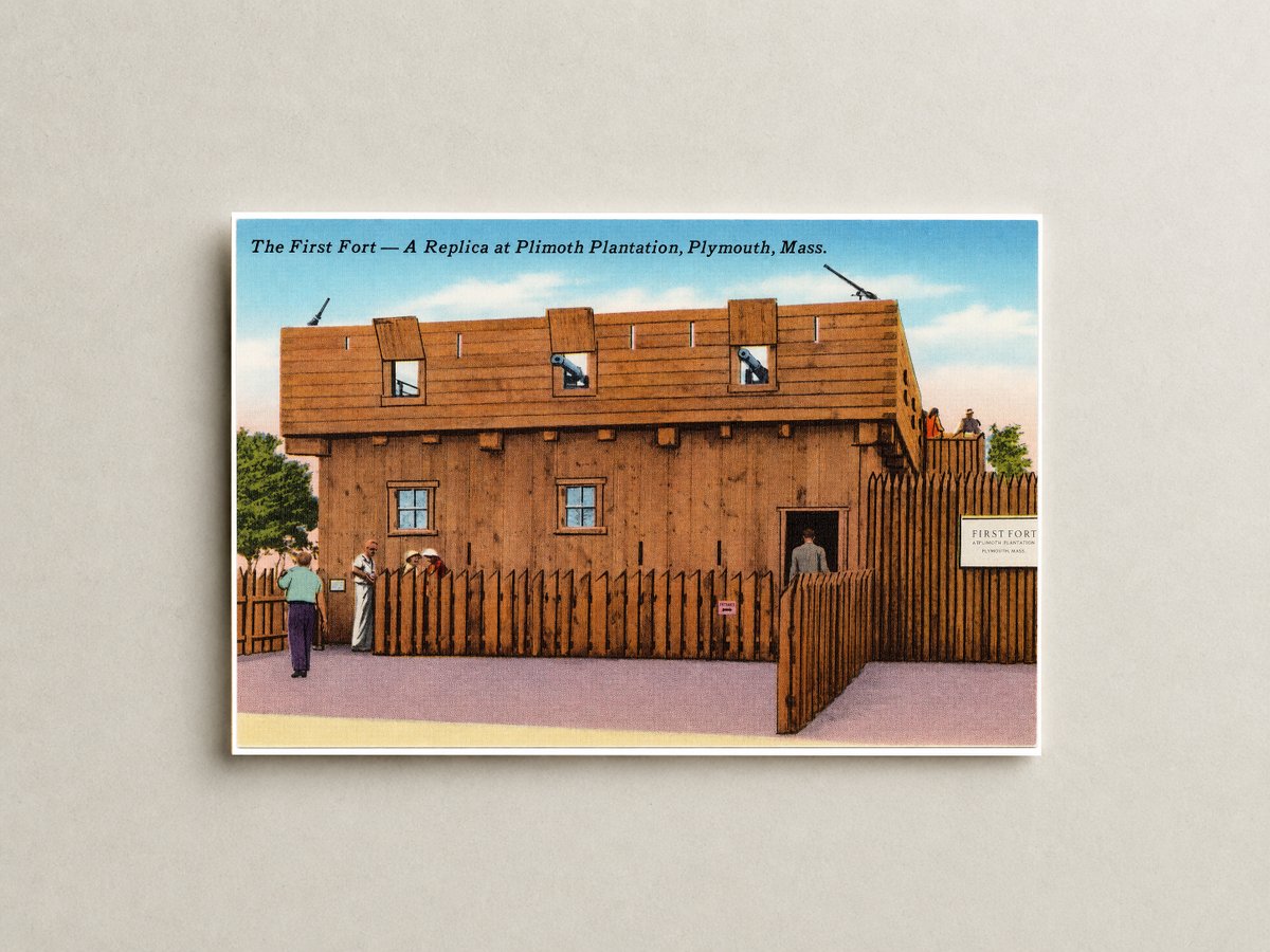 The first fort -- a replica at Plimoth Plantation, Plymouth, Mass. — Vintage Maryland Postcard