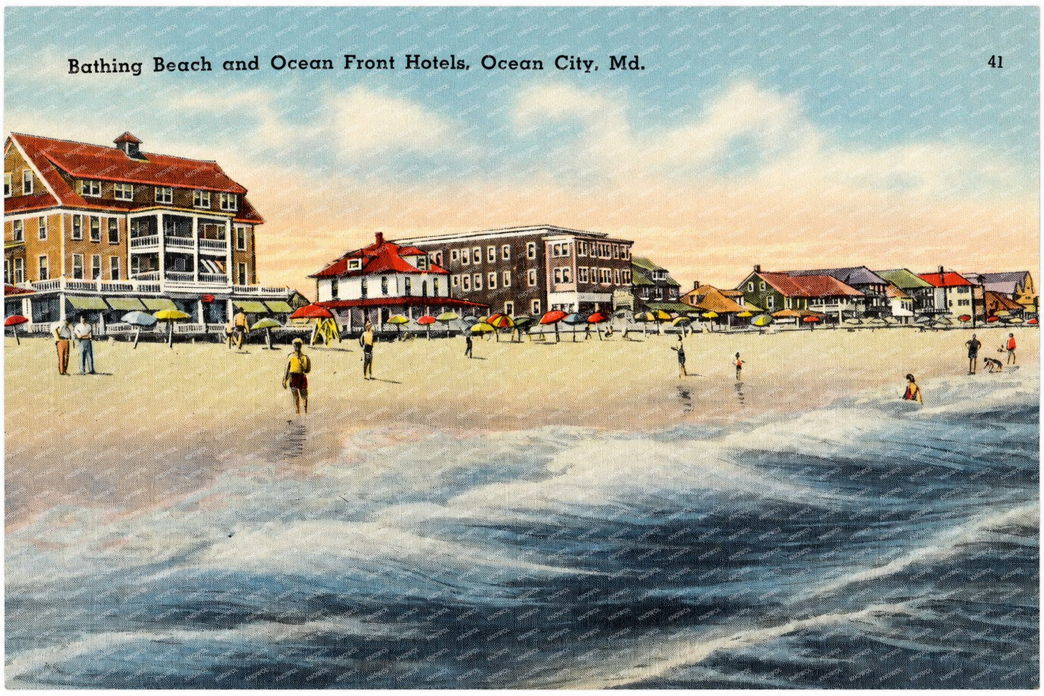 Bathing Beach and ocean front hotels, Ocean City, MD — Vintage Maryland Postcard