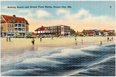 Bathing Beach and ocean front hotels, Ocean City, MD — Vintage Maryland Postcard