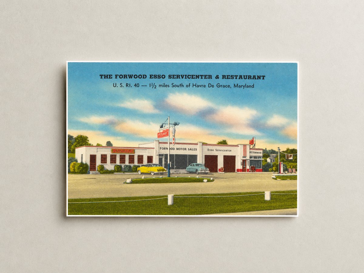 The Forwood Esso Servicecenter & Restaurant, U. S. Rt. 40 -- 1 1/2 miles south of Havre de Grace, Maryland — Vintage Maryland Postcard