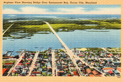 Airplane view showing bridge over Synepuxent Bay, Ocean City, Maryland — Vintage Maryland Postcard