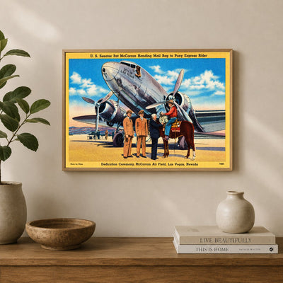 Las Vegas, NV: U.S. Senator Pat McCarran handing mail bag to Pony Express rider, Dedication Ceremony, McCarran Air Field