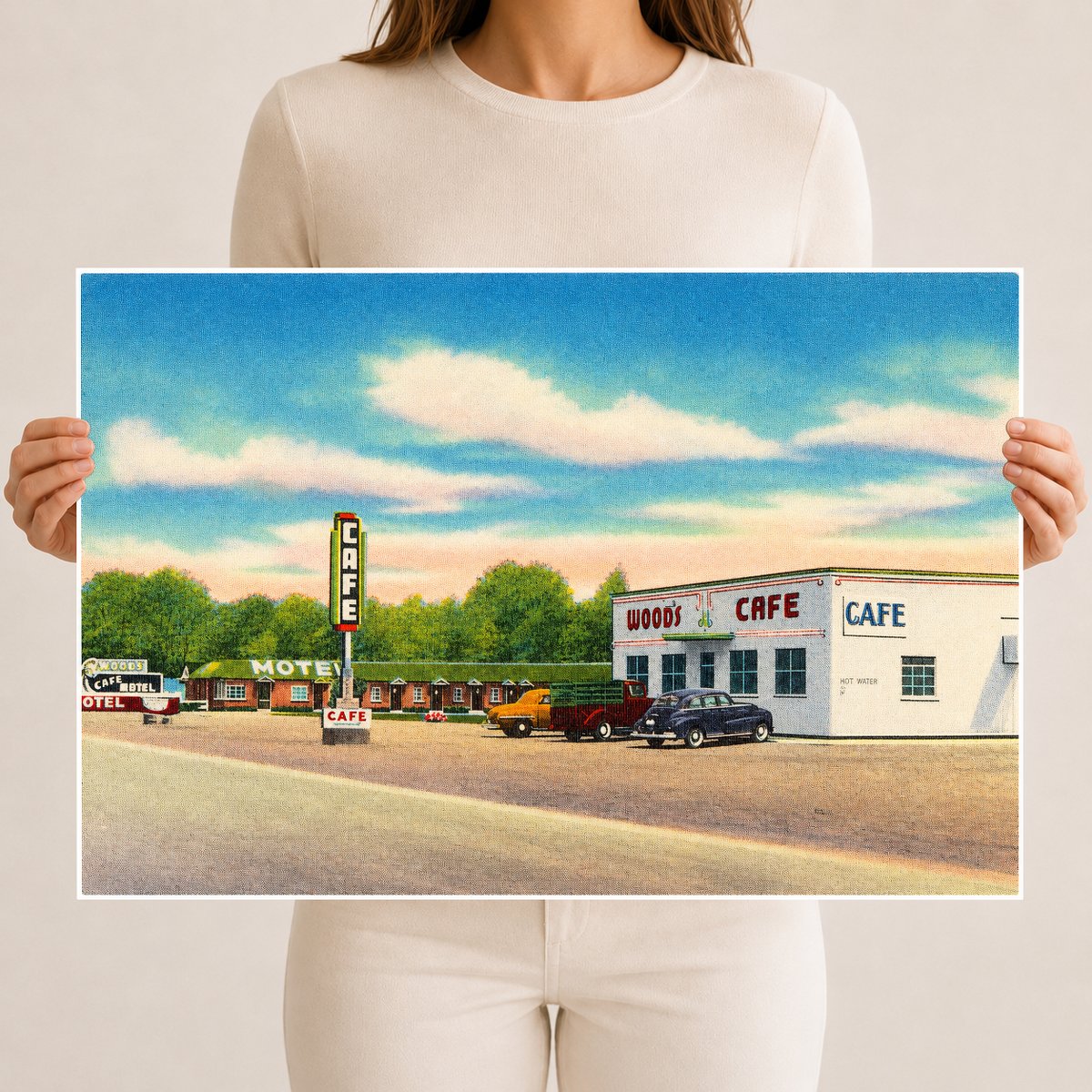 Europe, WY: Wood's Motel & Café, ultra modern and steam heat, located East Evanston, Wyoming, on Hiway 30S