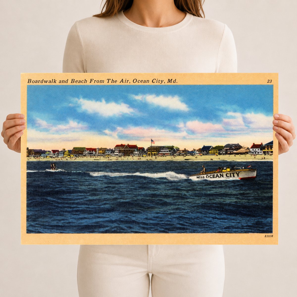 Boardwalk and beach from the air, Ocean City, MD — Vintage Maryland Postcard