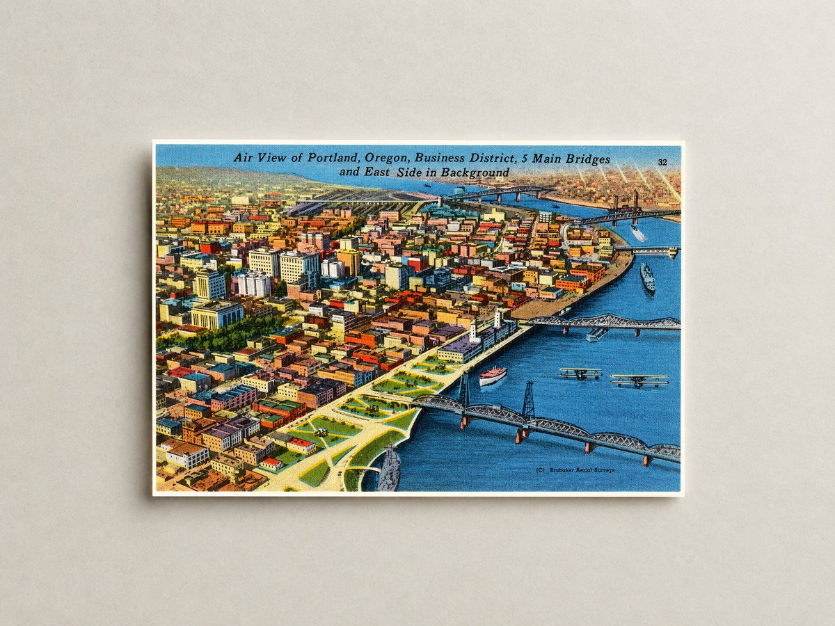 Portland, OR: Air view of Portland, Oregon, Business District, 5 main bridges and east side in background
