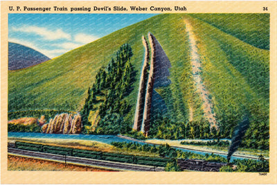 Weber Canyon, UT: U. P. Passenger Train passing Devil's Slide