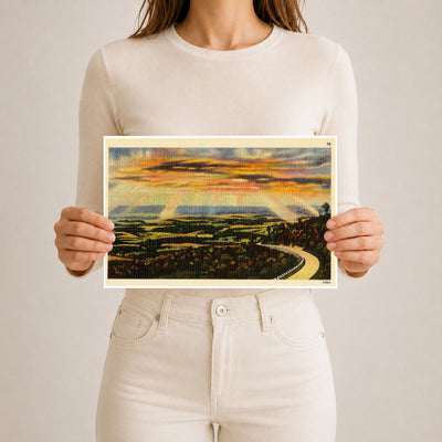 Sunset over road winding through nature. — Vintage Maryland Postcard