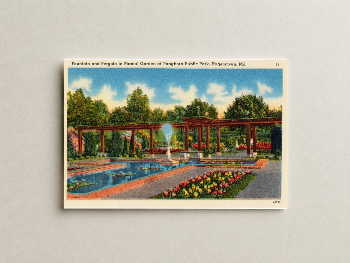 Fountain and pergola in formal garden at Pangborn Public Park, Hagerstown, MD — Vintage Maryland Postcard