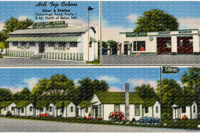 Hill Top Cabins, diner and stations, Conowingo Road, Route 1, 8 mi. north of Belair, MD — Vintage Maryland Postcard