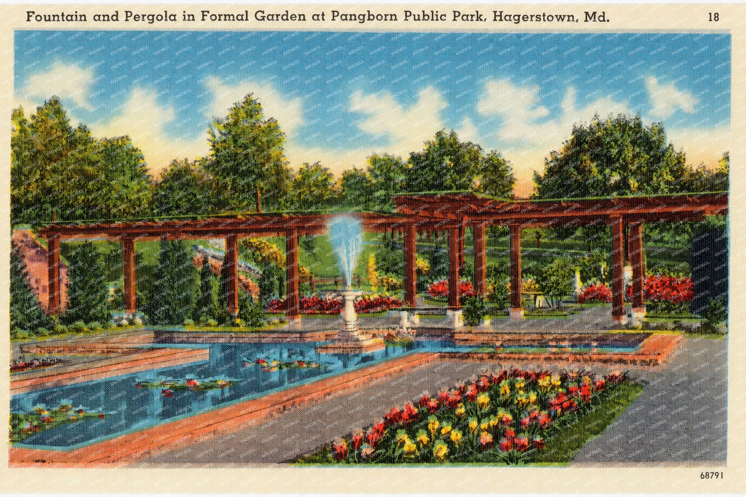 Fountain and pergola in formal garden at Pangborn Public Park, Hagerstown, MD — Vintage Maryland Postcard