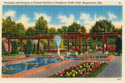 Fountain and pergola in formal garden at Pangborn Public Park, Hagerstown, MD — Vintage Maryland Postcard