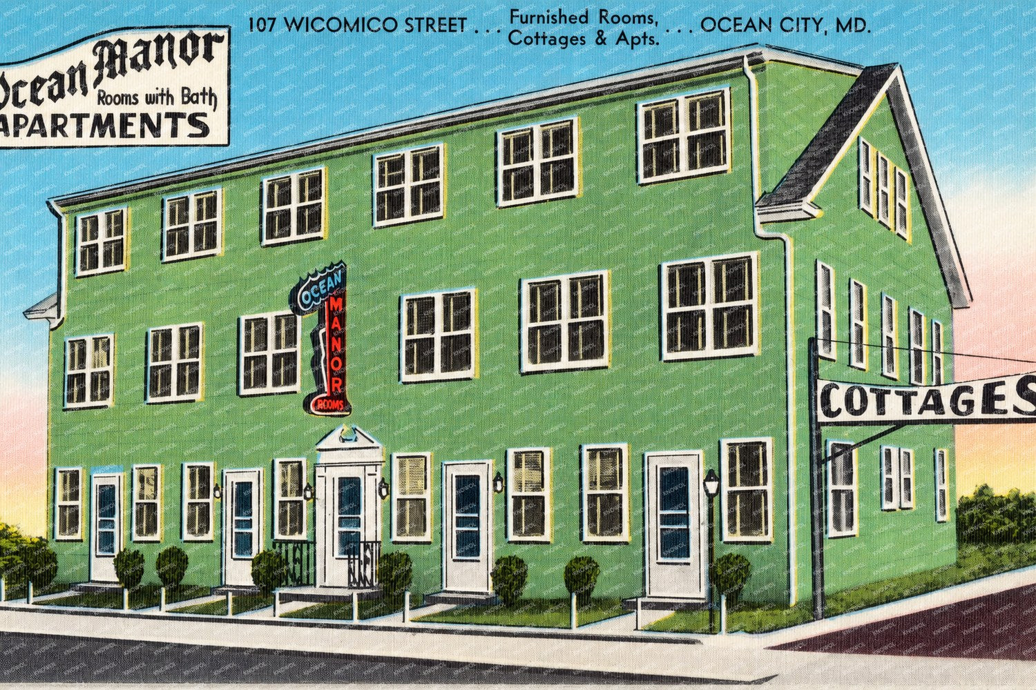 Ocean Manor Apartments, rooms with bath, 107 Wicomico Street, furnished rooms, cottages & apts. ... Ocean City, MD — Vintage Maryland Postcard