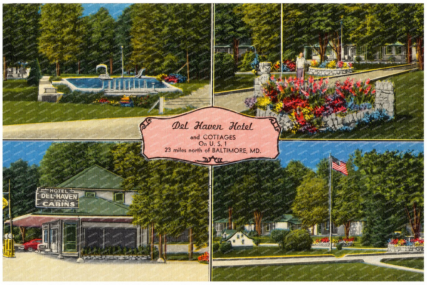 Del Haven Hotel and Cottages on U. S. 1, 23 miles north of Baltimore, MD — Vintage Maryland Postcard