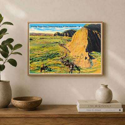 Little Badlands, ND: Trailing range cattle, submarginal area, N. Dak. Badlands