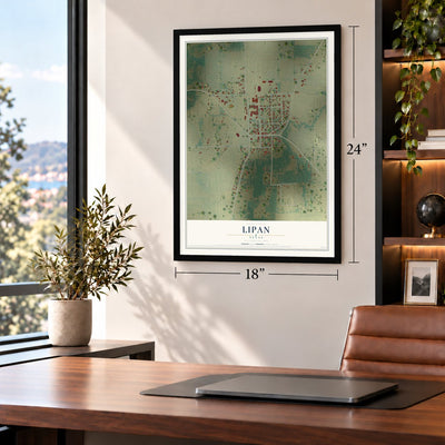 Lipan, Texas map, 18 x 24 inch print in a black frame in a home office