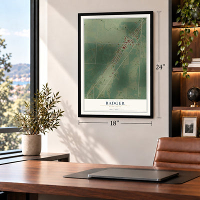 Badger, Minnesota map, 18 x 24 inch print in a black frame in a home office