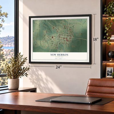 New Hebron, Mississippi map, 18 x 24 inch print in a black frame in a home office